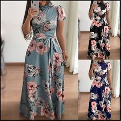 Summer Long Dress Floral Print Short Sleeve Elegant Dress Tunic Maxi Dress Women Evening Party Dress Sun Dress Stretch Maxi Dress For Garden Party, Bohemian Non-stretch Dress For Garden Party, Casual Fitted Floor-length Dresses, Non-stretch Floral Print Maxi Dress, Non-stretch Printed Short Sleeve Dress, Floral A-line Sundress For Party, Party Midi Dress With Floral Print And Short Sleeves, Party Dress With Floral Print And Maxi Length, Floor-length Floral Print Party Dress