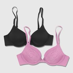 OUR BEST BRAS COME IN PAIRS When you find a bra just right for wearing every day, you're going to want more than one. This push-up bra 2-pack includes a classic tailored push-up bra as well as one with beautiful lace accents for a flirty touch. Both bras feature a supportive underwire and a sweetheart neckline that plays well with all your tops. Fully adjustable straps customize the fit while a hook and eye back closure does the rest in a bra that is an everyday solution for every body. Maidenfo Solid Color Push-up Bra With Lined Body, Solid Color Smoothing Push-up Bra, Cheap Feminine Push-up Bra, Pink Push-up Bra With Built-in Support, Cheap Lace Trim Push-up Bra, Push Up Bra, Underwire Bra, Bra Cups, Low Cut