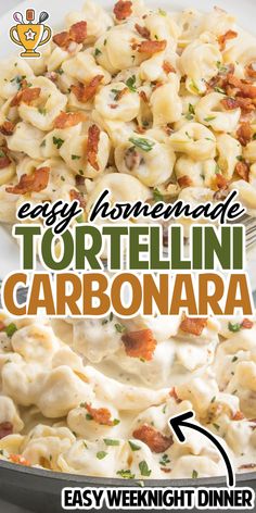 easy homemade tortellini carbonara recipe on a white plate with text overlay