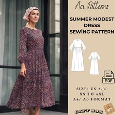 a woman in a dress and head scarf standing next to a window with the words, summer modest dress sewing pattern