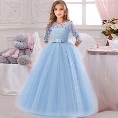 Girl's Clothing Light blue / 13 Long Casual Summer Dress Elegant Blue Princess Dress With Lace Bodice, Blue Princess Dress With Lace Bodice For Wedding, Blue Lace Bodice Princess Dress For Wedding, Spring Confirmation Gown Made Of Tulle, Spring Confirmation Gown In Tulle, Spring Tulle Gown For Confirmation, Blue Tulle Princess Dress With Long Sleeves, Blue Long Sleeve Tulle Princess Dress, Spring Party Princess Dress With Lace Sleeves