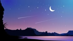 a night scene with the moon and stars in the sky over water, mountains and trees