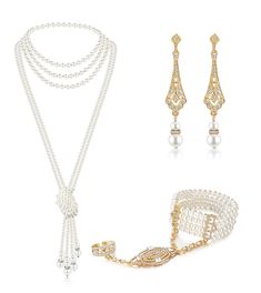 PRICES MAY VARY. 🌷【Pearl Costume Jewelry】You will receive 3 pcs multi strand pearl necklaces, 1 piece pearl flapper bracelet, and 1 pair pearls earrings. You can wear the 1920's necklace separately or in combination as needed. The flapper jewelry set can easily meet your matching needs, making you look elegant and beautiful. 🎀【Hypoallergenic 1920s Jewelry】The 1920s jewelry set is made of high-quality faux pearls and alloys, which are lightweight, hypoallergenic, and have great glossiness, maki Great Gatsby Earrings, Flapper Jewelry, Pearl Costume, Gold Art Deco Earrings, Gatsby Jewelry, Flapper Accessories, 1920s Necklace, Multi Strand Pearl Necklace, 1920s Jewelry