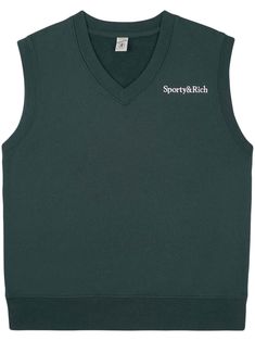 dark green cotton V-neck sleeveless embroidered logo at the chest straight hem Serif Logo, Cotton Vest, Sporty And Rich, Green Cotton, Dark Green, Top Brands, Top Outfits, V Neck, Tank Tops