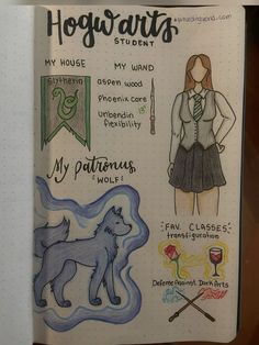 an open notebook with some drawings on the pages and words about hogwart's students