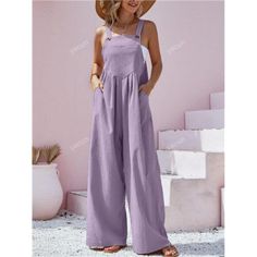 -Item Id 31509932 -Details: Button, Pocket -Neckline: Straps -Style: Casual -Waist Line: Natural -Color: Purple -Pattern Type: Plain -Type: Overall -Sleeve Length: Sleeveless -Length: Long -Fit Type: Loose -Fabric: Slight Stretch -Material: Woven Fabric -Composition: 100% Polyester -Care Instructions: Machine Wash Or Professional Dry Clean -Pockets: Yes -Body: Unlined -Sheer: No **Open To Offers!!!** **Bundle To Save More** **30% Off Bundles Of 2 Or More Items!!** ***Orders Go Out Within 5-10 Bu Chic Solid Overalls With Pockets, Chic Summer Overalls With Buttons, Summer Wide Leg Jumpsuit With Button Closure, Casual Wide-leg Jumpsuits And Rompers With Button Closure, Casual Wide Leg Jumpsuits And Rompers With Button Closure, Spring Overalls With Bib Front And Buttons, Spring Overalls With Buttons And Bib Front, Spring Overalls With Buttons, Spring Bib Front Overalls With Buttons