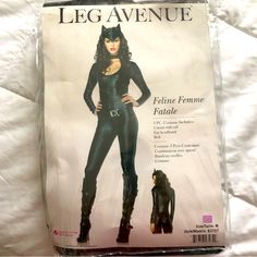 New And Never Worn. 3 Pc. Costume Includes: Catsuit With Tail Ear Headband Belt Fitted Black Cat Ears Costume Accessories, Fitted Halloween Costume Accessories With Cat Ears, Fitted Cat Ears Halloween Costume Accessories, Fitted Costume Accessories For Fall, Cat Woman, Leg Avenue, Women Legs, Ear Headbands, M Pants