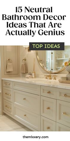 15 neutral bathroom decor ideas featuring elegant cabinets and gold accents. Elegant Guest Bathroom Decor, Neutral Bathroom Decor Ideas, Neutral Bathroom Ideas, Neutral Bathrooms Designs, Neutral Bathroom Decor, Cream Bathroom, Neutral Bathroom, Luxury Bathrooms, Beige Bathroom