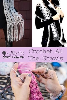 crochet all the shawls are on display in this collage with text overlay