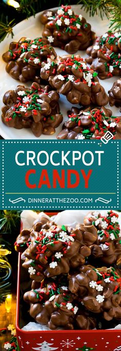 a close up of some cookies on a plate with christmas decorations in the background and text overlay that reads crockpot candy