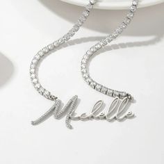 New Arrivals Elegant Personalized Stainless Steel Chain Necklace, Elegant Personalized Diamond White Necklace, Silver Personalized Chain Necklace With Round Pendant, Personalized Silver Chain Necklace With Round Pendant, Silver Pendant Name Necklace, Elegant Silver Chain Necklace With Custom Name, Silver Adjustable Chain Necklace For Personalized Gift, Custom Name Silver Necklaces, Personalized Silver Necklaces For Party