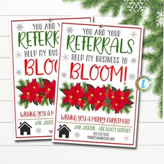 two christmas cards with red poinsettis and green leaves on them, one is for