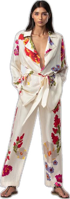 White Silk Summer Bottoms, Spring Silk Pants, White Silk Bottoms For Summer, Beige Floral Print Pants For Spring, Spring Beige Floral Print Pants, Spring Floral Print Beige Pants, Chic Cream Floral Print Bottoms, Cream Floral Print Bottoms For Spring, Spring Floral Print Cream Bottoms