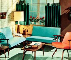 a living room filled with lots of furniture next to a wall mounted clock and window