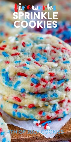 sprinkle cookies stacked on top of each other with red, white and blue sprinkles