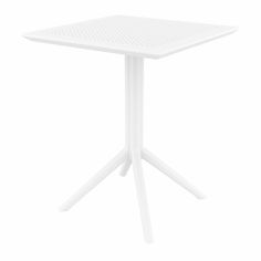 a white table with four legs and a square top on an isolated white background, viewed from the front