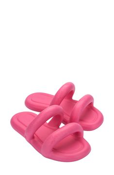 This '90s-inspired slide sandal is made from fruit-scented PVC with a water-resistant finish and a soft, cushioned footbed. Water-resistant MELFLEX™ PVC is durable, flexible, hypoallergenic and recyclable Cushioned footbed Synthetic and recycled-PVC upper, lining and sole Made in Brazil This product meets Nordstrom Sustainably Sourced Materials criteria: contains at least 30% sustainably sourced materials Sole Water, 90s Inspired, Made In Brazil, Sandal Women, Slide Sandals, Women's Shoes Sandals, Pink And Orange, Baby Shoes, Womens Sandals