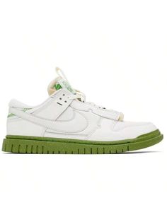 Nike 
White & Green Air Dunk Low Jumbo Sneakers 
Low-top paneled canvas and grained faux-leather sneakers in white and green. 
. Lace-up closure 
. Webbing pull-loop at padded tongue 
. Raw edge and logo flag at tongue 
. Padded collar 
. Swoosh appliqué at sides 
. Mesh lining 
. Foam rubber midsole 
. Treaded rubber sole 
. Additional laces in green included 
Please note that this item may be shipped only within North America. 
Supplier color: Phantom/Phantom/Chlorophyll 
Upper: synthetic, tex Green Low-top Sneakers With Speckled Midsole, Green Low-top Sneakers For Streetwear, Sports Low-top Sneakers With Studded Outsoles, Green Mid-top Sneakers For Light Sports, Custom White Sneakers With Studded Outsoles For Sports, Custom Green Low-top Sneakers For Light Sports, Green Low-top Skate Shoes With Speckled Midsole, Green Low-top Custom Sneakers For Light Sports, Lace-up Basketball Shoes With Studded Outsoles For Sports