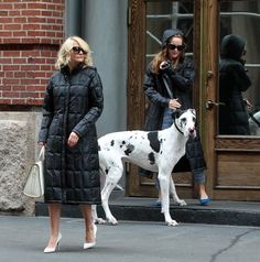 two women walking down the street with a dog in front of them and another woman standing next to her