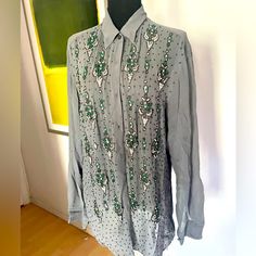 Silk Button Up Shirt With Collar. Rhinestones And Beads Throughout. Excellent Condition Silk Button Up Shirt, Shirt With Collar, Silk Button Up, Dries Van Noten, Collar Shirts, Button Up Shirt, Blue Gray, Blue Grey, Button Up Shirts