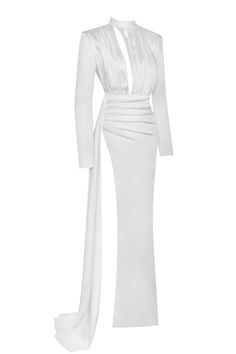 Create a frenzy when you walk into a room wearing this Olivine gown. Cut from a fully lined satin, this couture gown features a keyhole cut out and a fully ruched bodice. With a stunning thigh-high slit and dramatic draping detail Olivine was designed for a special kind of woman. "Oliving White Long Sleeve Cutout High Slit Satin Gown" Full lined Long sleeve Cut out Body-conscious Silhouette Satin Low Stretch Dry-clean only Approximately 61 inches in length Couture Gown, Ruched Bodice, Satin Gown, Couture Gowns, White Long Sleeve, White Formal Dress, Bodice, Cut Out, Cocktail Dress