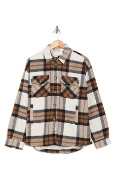 A rustic plaid print adorns a cozy brushed twill shirt-jacket constructed in a slouchy silhouette for laid-back appeal. 28 1/2" length Front button closure Spread collar Chest button-flap patch pockets Lined 100% polyester Dry clean Imported Plaid Shacket, Twill Shirt, Plaid Print, Shirt Jacket, Patch Pocket, Nordstrom Rack, Dry Clean, Thread, Nordstrom