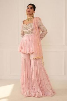 Shop for Mani Bhatia Pink Cotton Silk Embroidered Sharara Set for Women Online at Aza Fashions Magenta Sharara Suit, Latest Sharara Suits Party Wear, Peplum Gharara, Shadi Outfits, Pink Sharara Suit, Marriage Outfit, Dotti Dresses, Pink Sharara, Gharara Suits