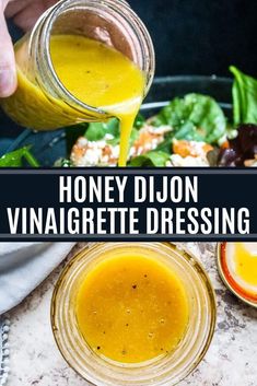 honey dijon vinaigrette dressing is being poured into a glass jar and surrounded by other ingredients