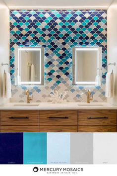 a bathroom with blue and white tiles on the wall, two sinks and mirrors above them