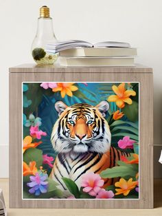 a painting of a tiger surrounded by tropical flowers and greenery with a bottle of booze in the background