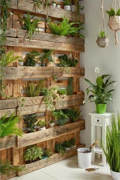 a wooden pallet filled with potted plants next to a wall mounted planter