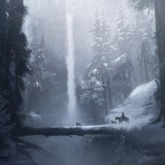 two people riding horses across a snow covered forest with a waterfall in the back ground