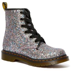 Be the showstopper you were meant to be, whether checking out the festival circuit or just enjoying a Saturday night, with the sparkly standout style of the Dr. Martens 1460 Farrah Chunky Glitter! Chunky Glitter upper is a synthetic material coated with super sparkly glitter. It is advised to gently clean it with a damp cloth. Features classic Doc's DNA, including grooved heels and visible yellow stitching. Lace-up eight-eyelet with fabric laces and tonal eyelets for a secure fit. Eyelets have b Dr Martens Glitter Boots, Purple Doc Martens, Pink Doc Martens, Doc Martins Boots, White Platform Boots, Platform Combat Boots, Glitter Boots, Black Combat Boots, Dr Martens Boots