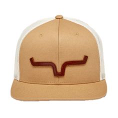 Style number: UHA0000002-BN002. Work wear brown cotton twill front. Cream mesh back and side panels. Real leather die cut horns on front. Flat brim with 8 stitch detailing. Adjustable snapback closure. High-profile. One size fits most. Kimes Ranch, Panel Siding, Trucker Cap, Real Leather, Cotton Twill, Work Wear, Leather, How To Wear