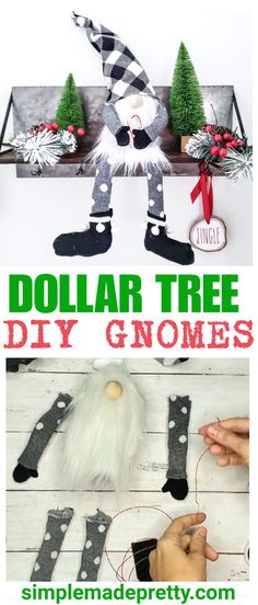 dollar tree gnomes made out of socks and stockings with text overlay that reads dollar tree diy gnomes