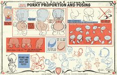 an old cartoon character sheet from the early 20th century, with instructions for how to draw poky proportion and posing