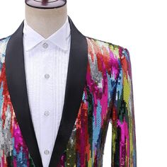 Add a touch of style to your night out with this gorgeous men's shining blazer. The colorful striped sequin design work is fashioned impeccably for an endlessly stylish look. This blazer is made with polyester and has a single button closure that lends a comfortable feel as a party and nightclub costume wear.Specifications types: costume homme type3: suit men type2: men clothing type1: blazer men type: suit jackets Style: Casual Sleeve Length(cm): Full Size: M,L,XL,XXL,3XL Origin: Mainland China Elegant Multicolor Party Blazer, Multicolor Formal Winter Blazer, Multicolor Party Blazer For Winter, Multicolor Winter Party Blazer, Summer Party Long Sleeve Blazer, Festive Sequined Party Blazer, Festive Sequin Party Blazer, Doctor Halloween Costume, Colorful Blazer