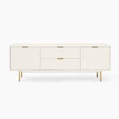 a white dresser with two drawers and three wooden legs