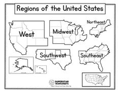 regions of the united states coloring page for kids and adults, with their names in black and white