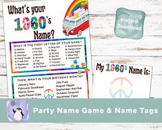 party name game and name tags for children's birthday or any other event with an image of a vw bus in the background