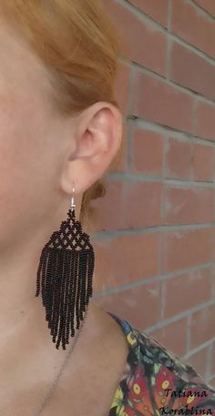 These unique designer lace earrings were made by me according to my idea through many trial and error. This is my author's invention: the combination of lace top and fringe. I made these earrings in different colors. I can also make your favorite color and in your length size. Color: black . I beg you not to copy my authoring Copy without my permission is prohibited For those who want to buy my copyright scheme for these earrings: https://www.etsy.com/uk/listing/1020331857/beading-tutorial-gold- Beaded Earrings Native, Lace Earrings, Buy Earrings, Beaded Earrings Patterns, Beading Tutorial, Earrings Long, Earrings Black, Earring Patterns, Seed Bead Earrings