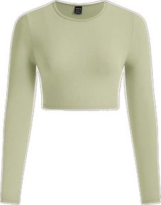 Solid Cropped Crew Neck T-shirt For Workout, Casual Long Sleeve Cropped T-shirt For Spring, Spring Solid Color Crop Top T-shirt, Green Stretch Tops, Green Stretch Tops Solid Color, Fitted Solid Color Workout Tops, Green Stretch Tops With Solid Color, Fall Workout Crew Neck Tops, Fall Workout Tops With Crew Neck