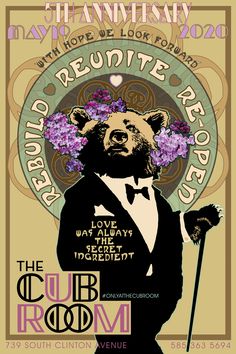 a poster with a bear in a tuxedo holding a cane and flowers on it