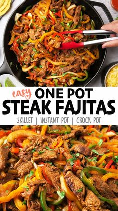 one pot steak fajitas with peppers and onions in a skillet on the side