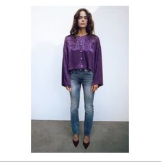 Cute Purple Button Up Blouse, Nwt Jacquard Blouse, Metallic Blouses, Organza Top, Sheer Lace Top, Printed Sleeveless Blouse, Tie Neck Tops, Cropped Blouse, Zara Blouse, Leopard Print Top