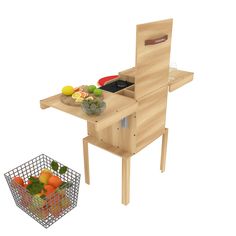 a wooden table with a basket of fruit on it and an object in the background