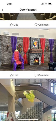 two pictures show the same room with different decorations on it and in front of an open fireplace