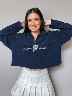 Custom Vintage Miami Dolphins Cropped Half-Zip Sweatshirt College Fall Half-zip Tops, College Half-zip Tops For Fall, Half-zip Top For College In Fall, Half-zip Fall Tops For College, Miami Dolphins Outfit Woman, Miami Dolphins Outfit, Lauren Wilson, Rangers Shirt, Cropped Half Zip