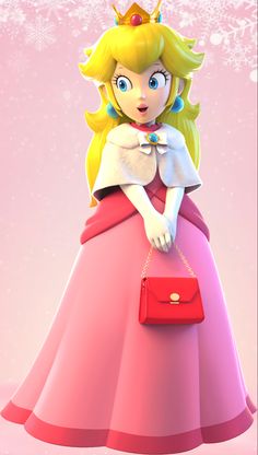 the princess is wearing a pink dress and holding a red purse