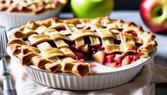 two pies on a table with apples in the background